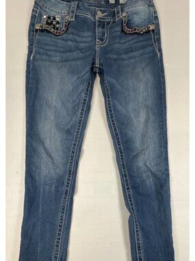 Miss Me Women 25 Mid Rise Easy Crop Jeans Blue Embroidered American Flag Flap